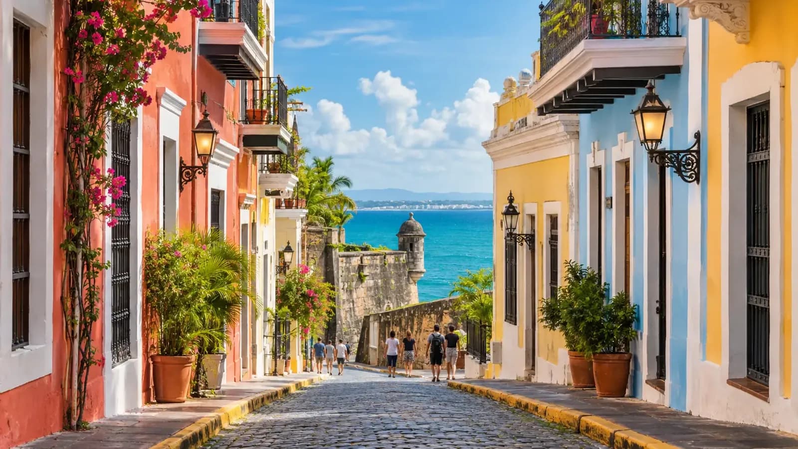 Calle colonial de San Juan con casas coloridas y vista al Caribe