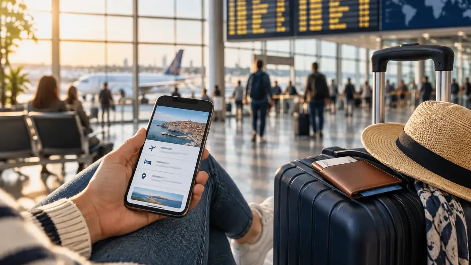 Equipaje y teléfono con itinerario de viaje en un aeropuerto