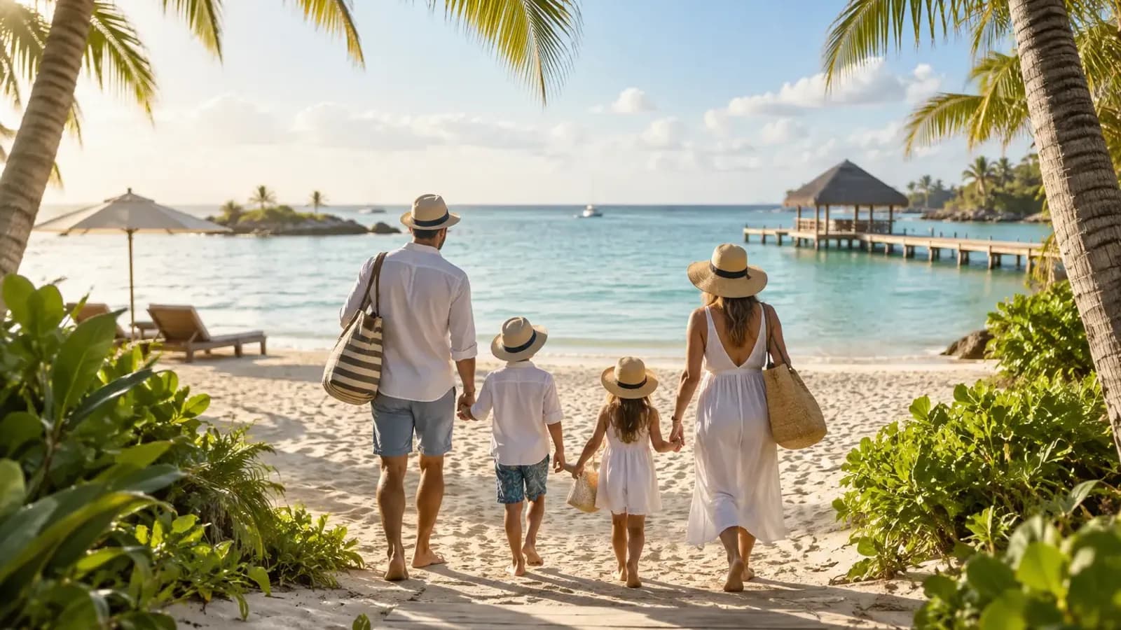 Familia con dos niños caminando hacia una playa tropical tranquila