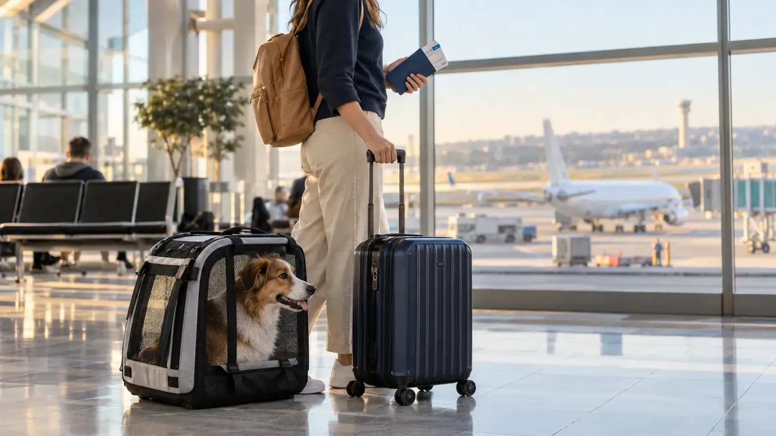 Viajera con perro en transportadora y equipaje en un aeropuerto